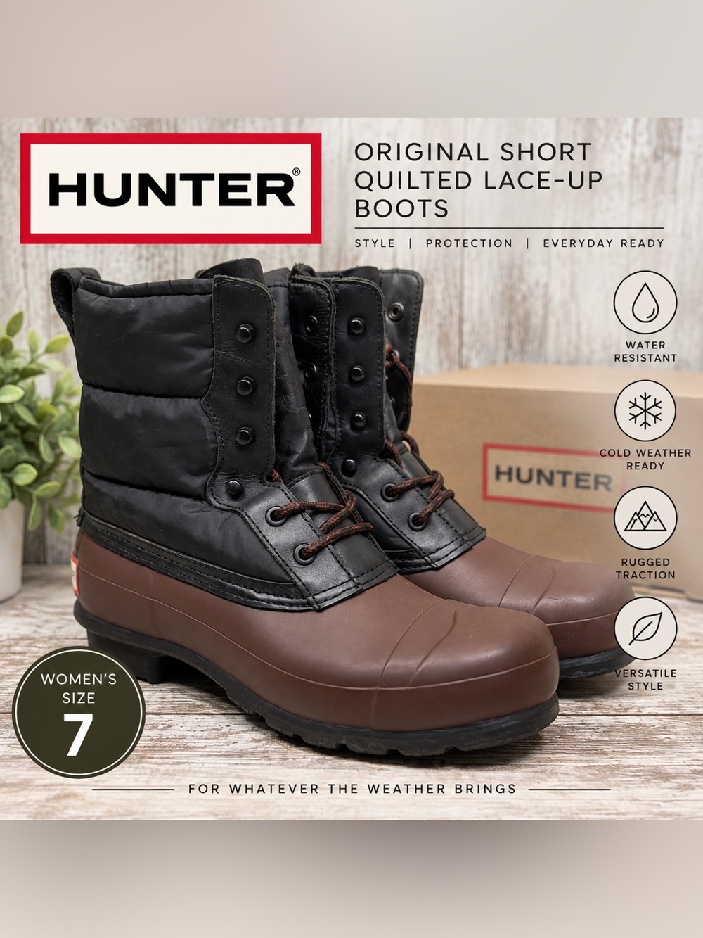 Hunter Original Short Quilted Lace-Up Duck Boots Black Brown Women’s Size 7